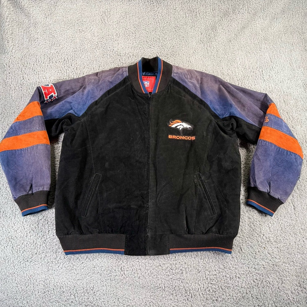 Vintage Denver Broncos Jacket Mens XL Black Suede Leather Double Sided Full Zip‎